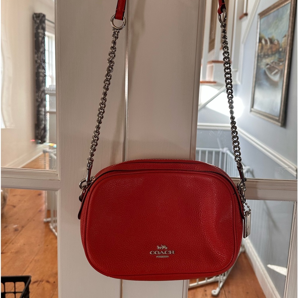 Coach Orange Leather Camera Bag Purse Chain Strap